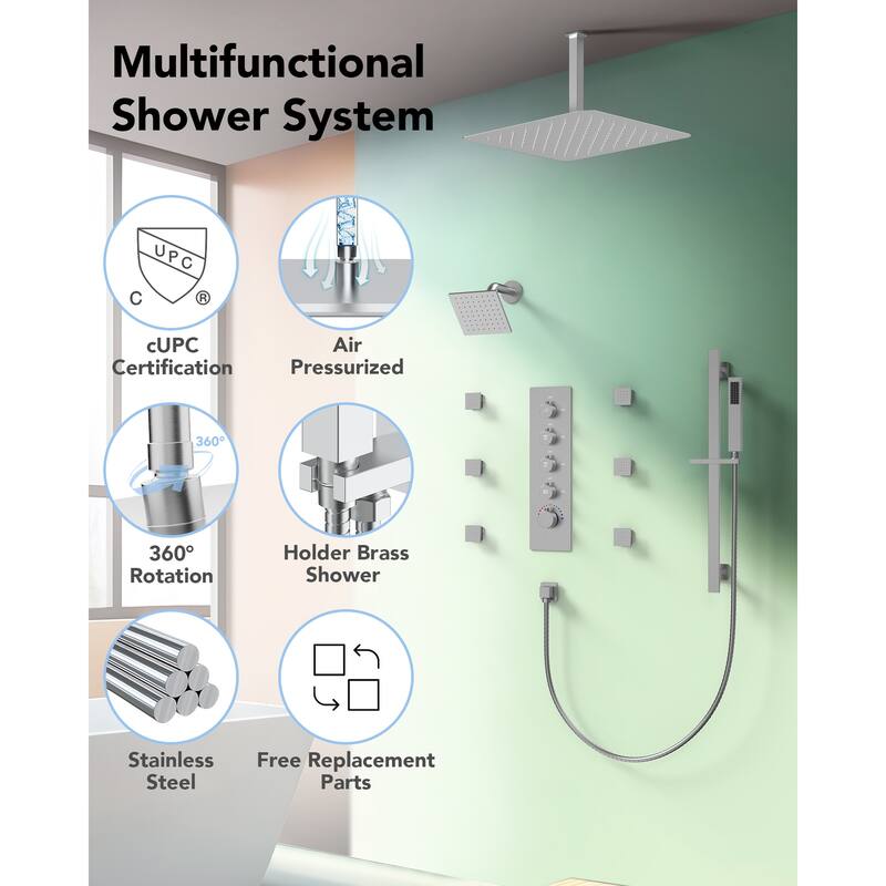 EVERSTEIN Dual Heads Thermostatic Shower System 16" Ceiling Shower Head